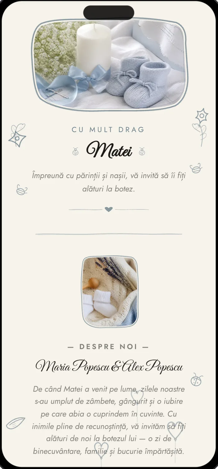 Invitație de botez online, modelul Sketch, deschisă pe telefon
