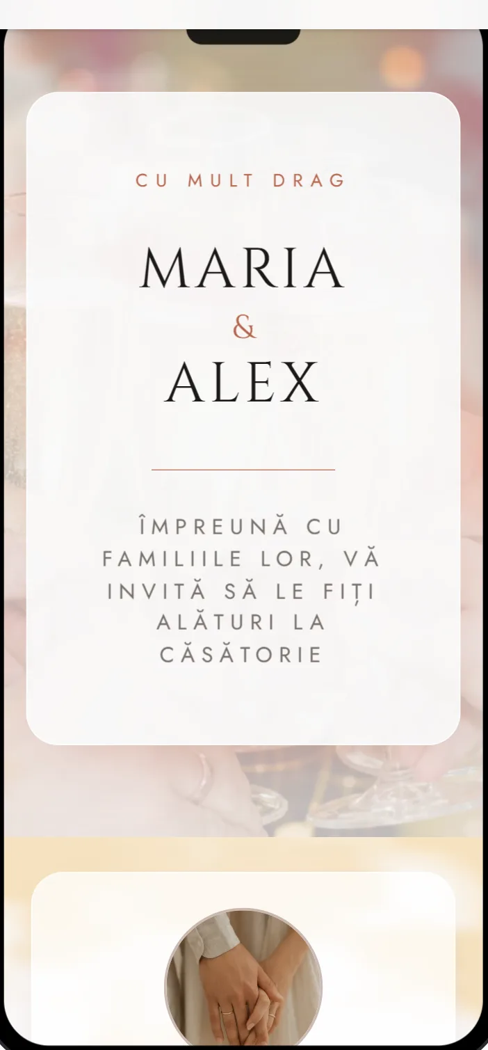 Invitație de nuntă online, modelul Auroră, deschisă pe telefon
