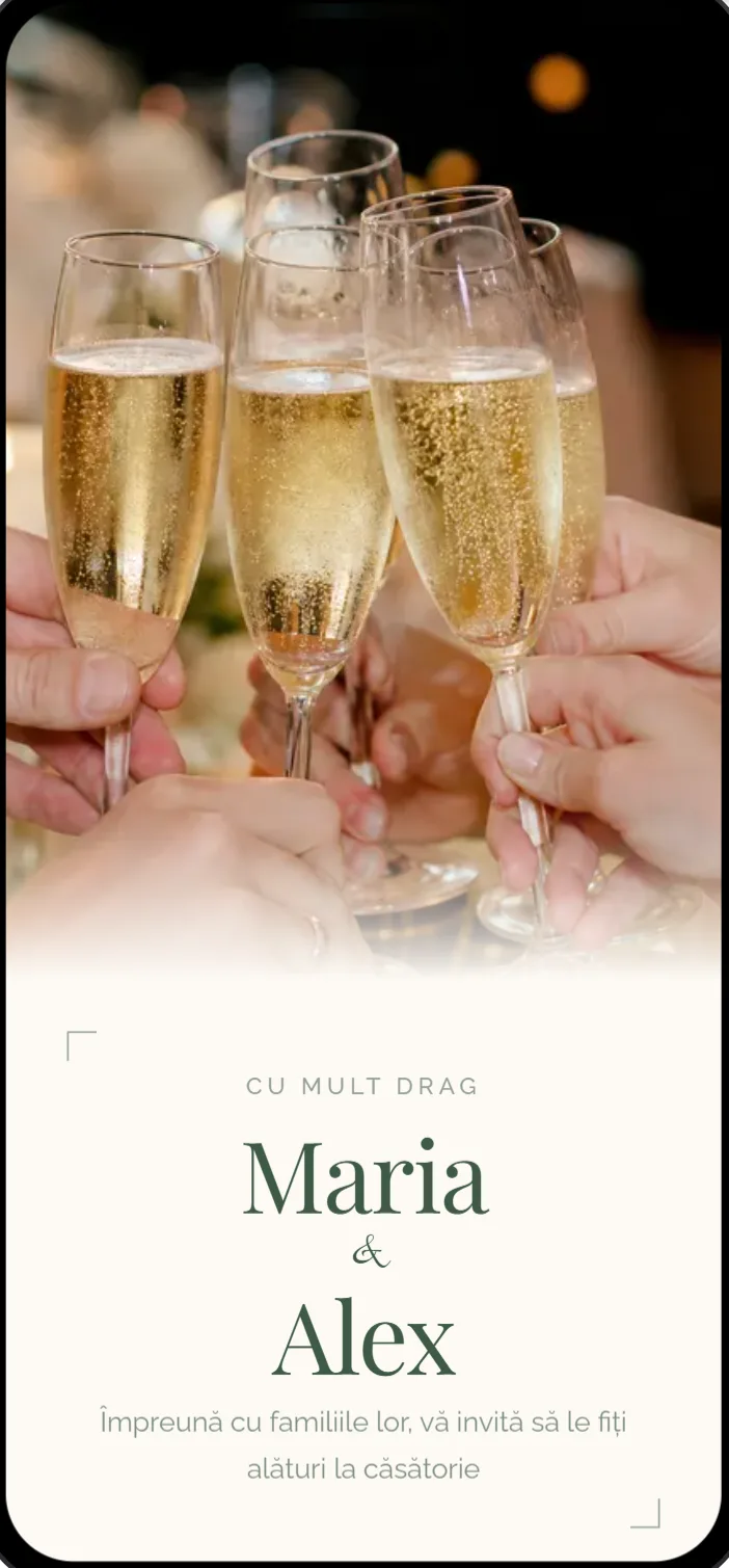 Invitație de nuntă online, modelul Editorial Romance, deschisă pe telefon