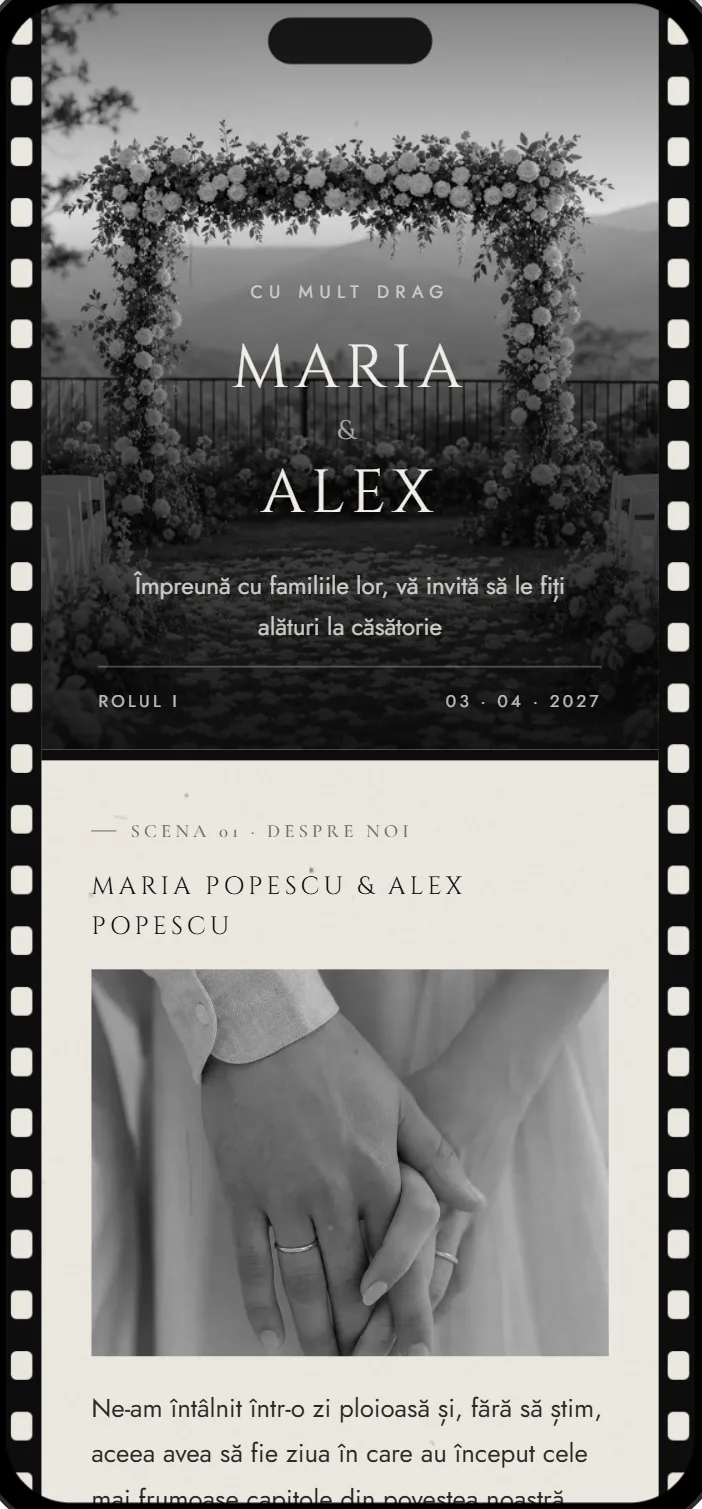 Invitație de nuntă online, modelul Peliculă, deschisă pe telefon