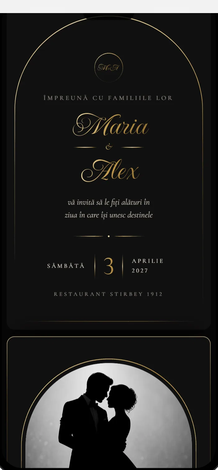Invitație de nuntă online, modelul Arcadă, deschisă pe telefon