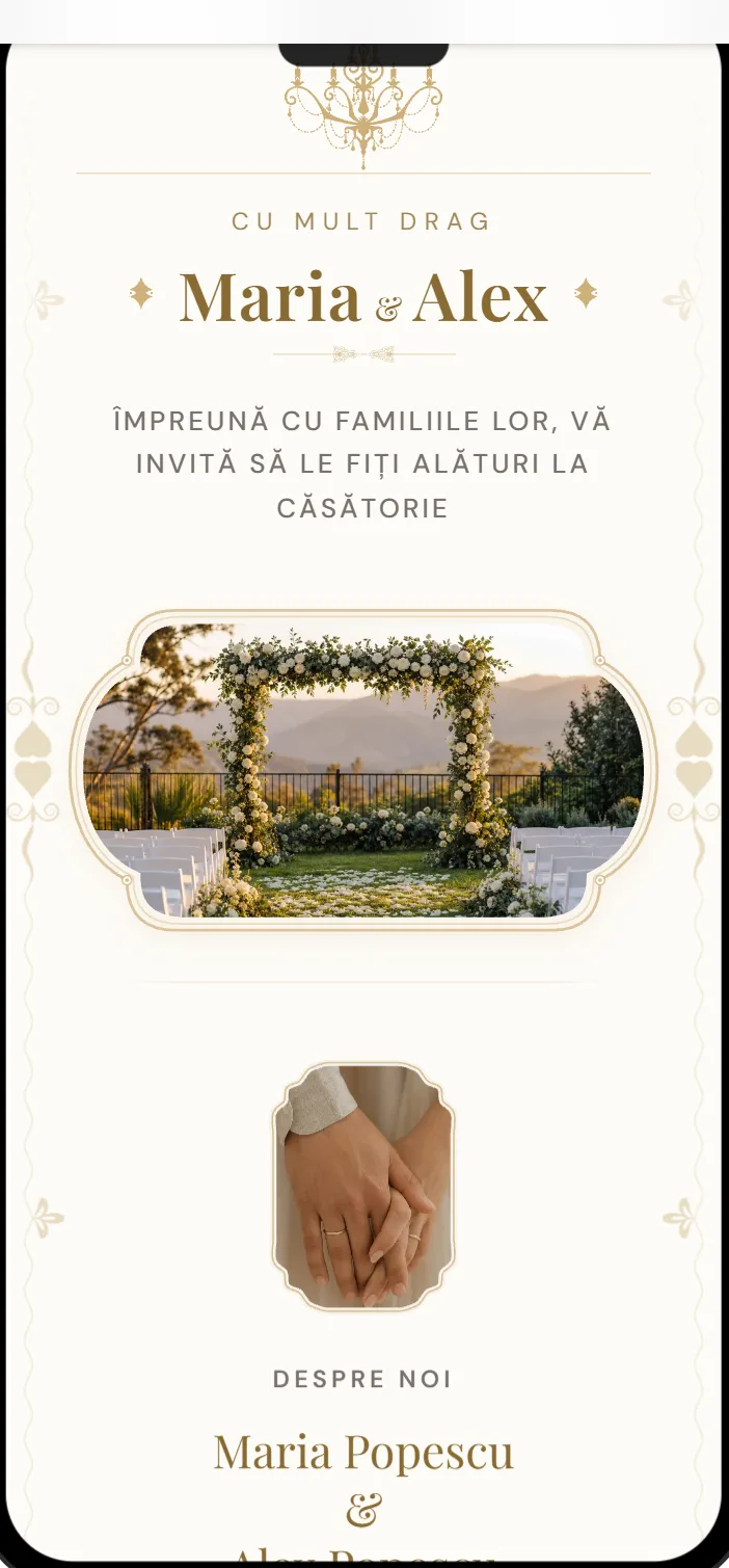 Invitație de nuntă online, modelul Clasic, deschisă pe telefon