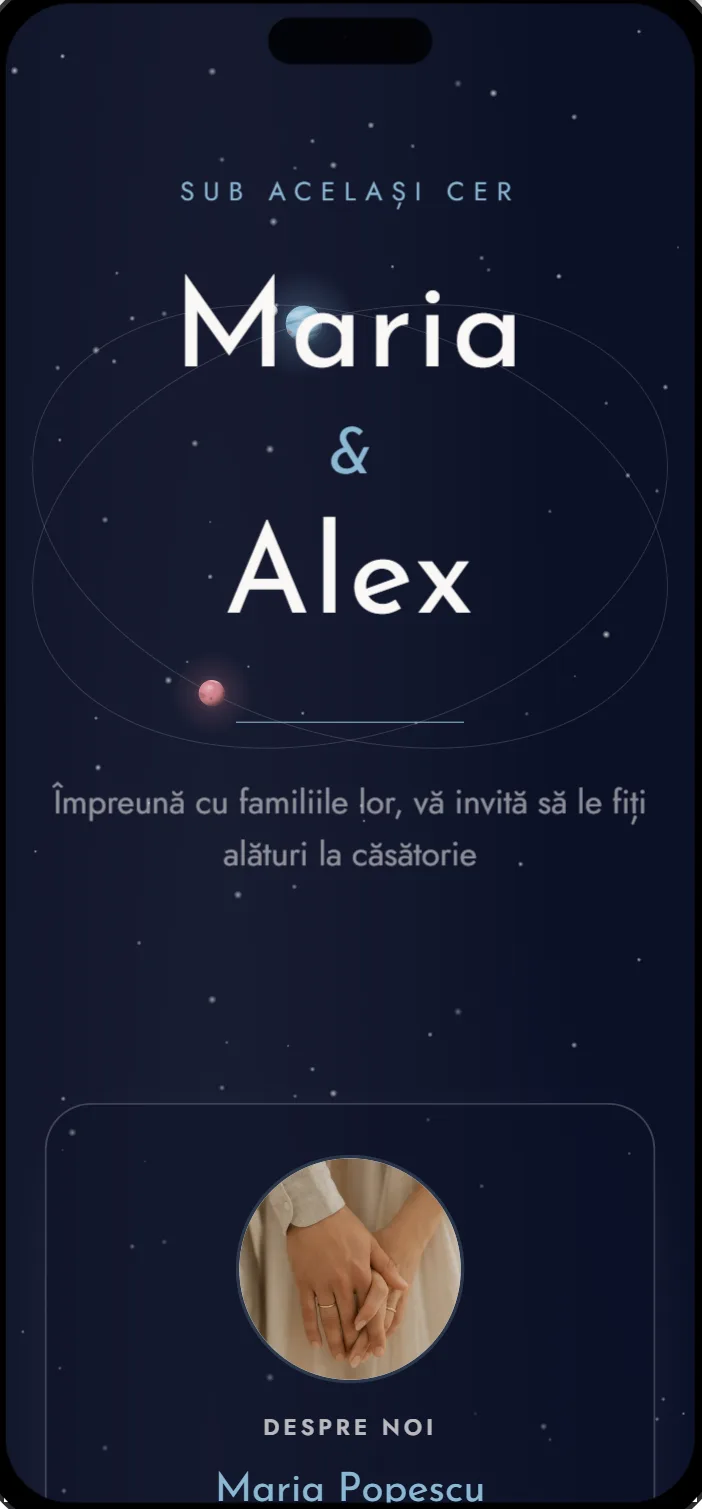 Invitație de nuntă online, modelul Planetariu, deschisă pe telefon
