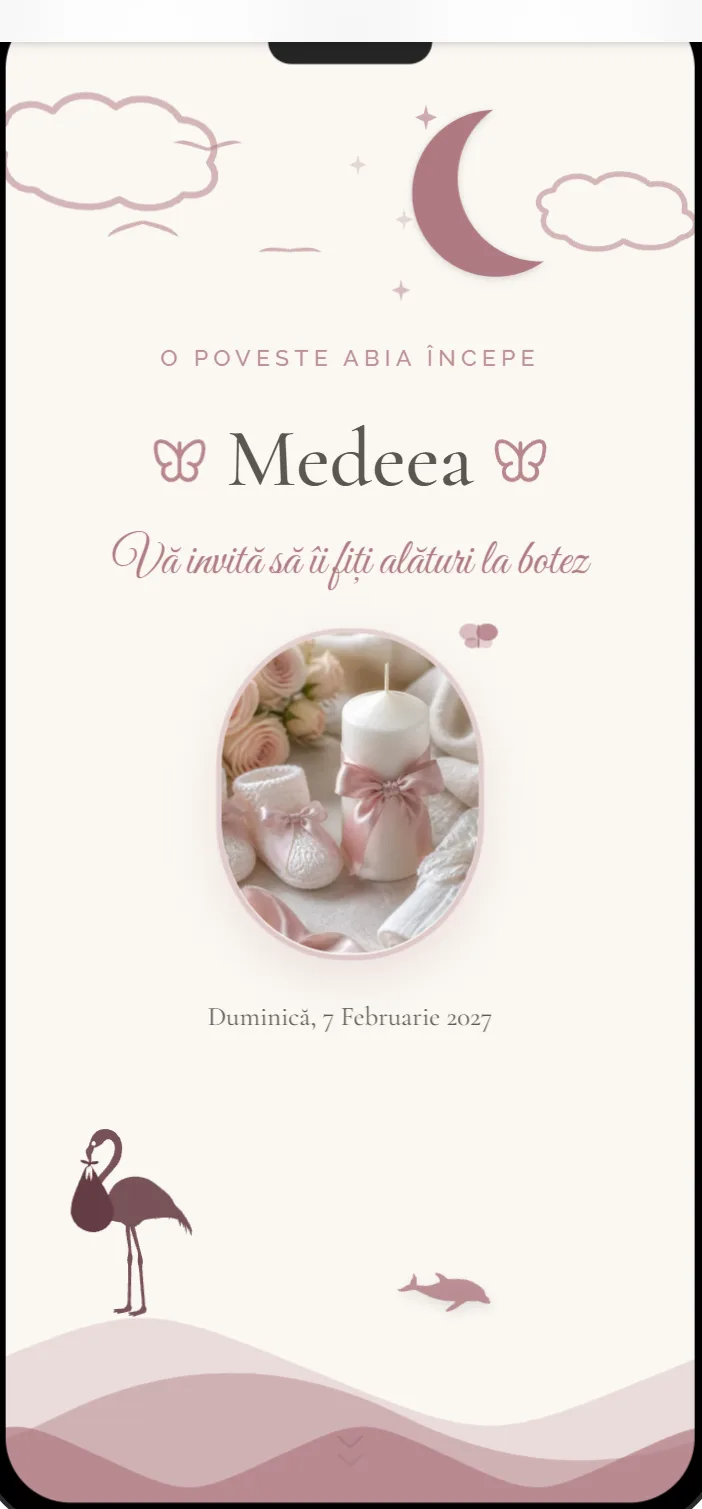 Invitație de botez online, modelul Carte de povești, deschisă pe telefon